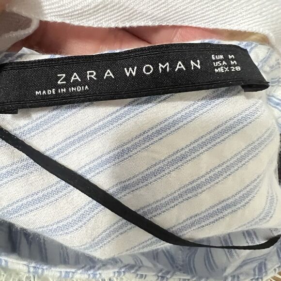 Zara Blouse Size M Blue White Striped Flared Sleeve Boho Peasant Embroidered Hem - Picture 5 of 6